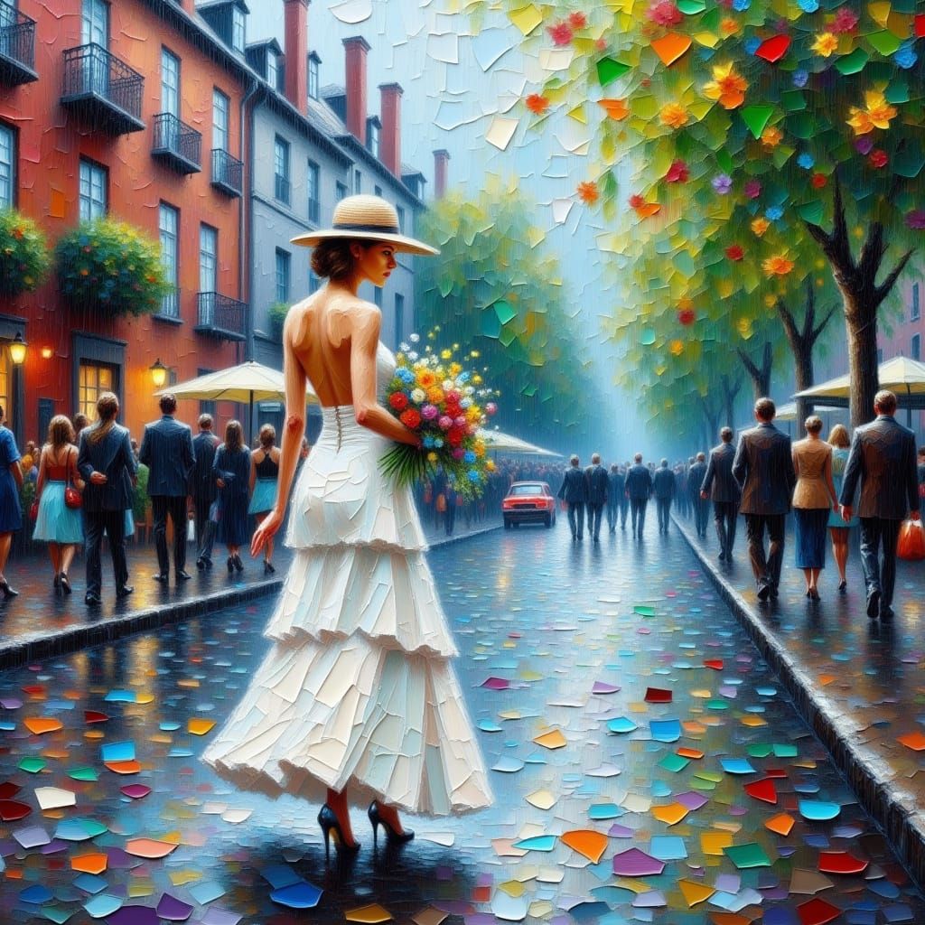 Lady in Long White Dress Walking in Rainy Street Scene, Impa...