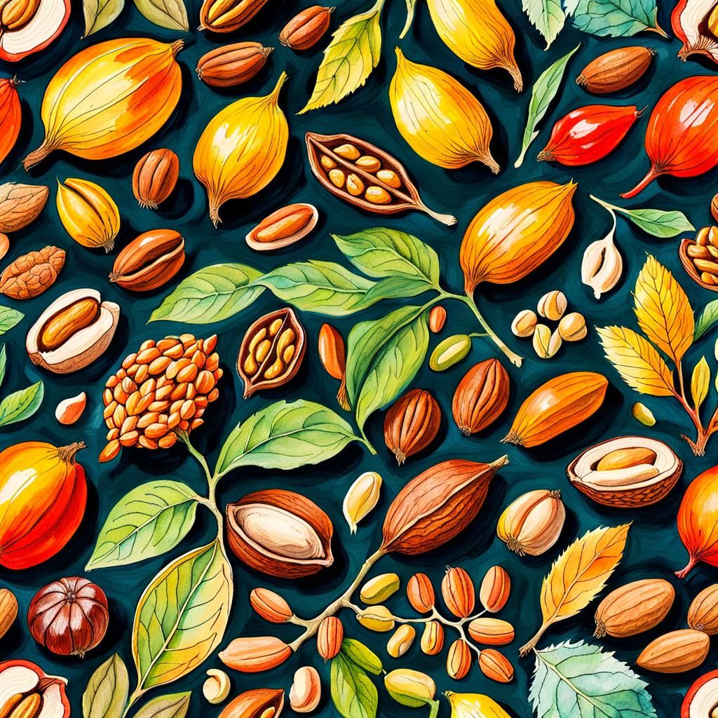 Detailed Botanical Drawings of Deciduous Seeds in Gouache