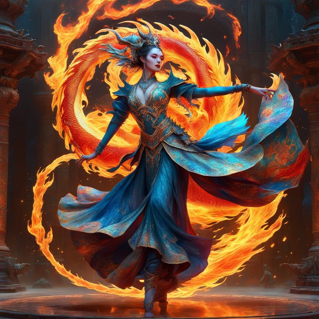 Psychedelic Dragon Fire Dance in Holographic Art