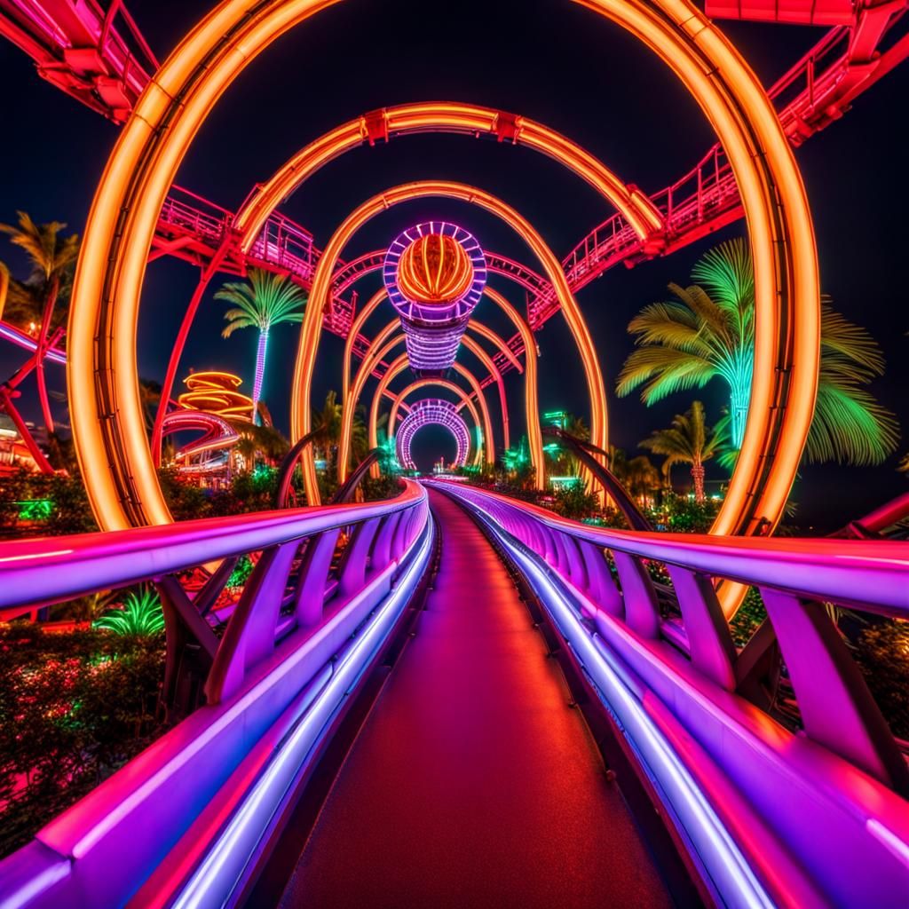 Neon Theme Park Roller Coaster at Night