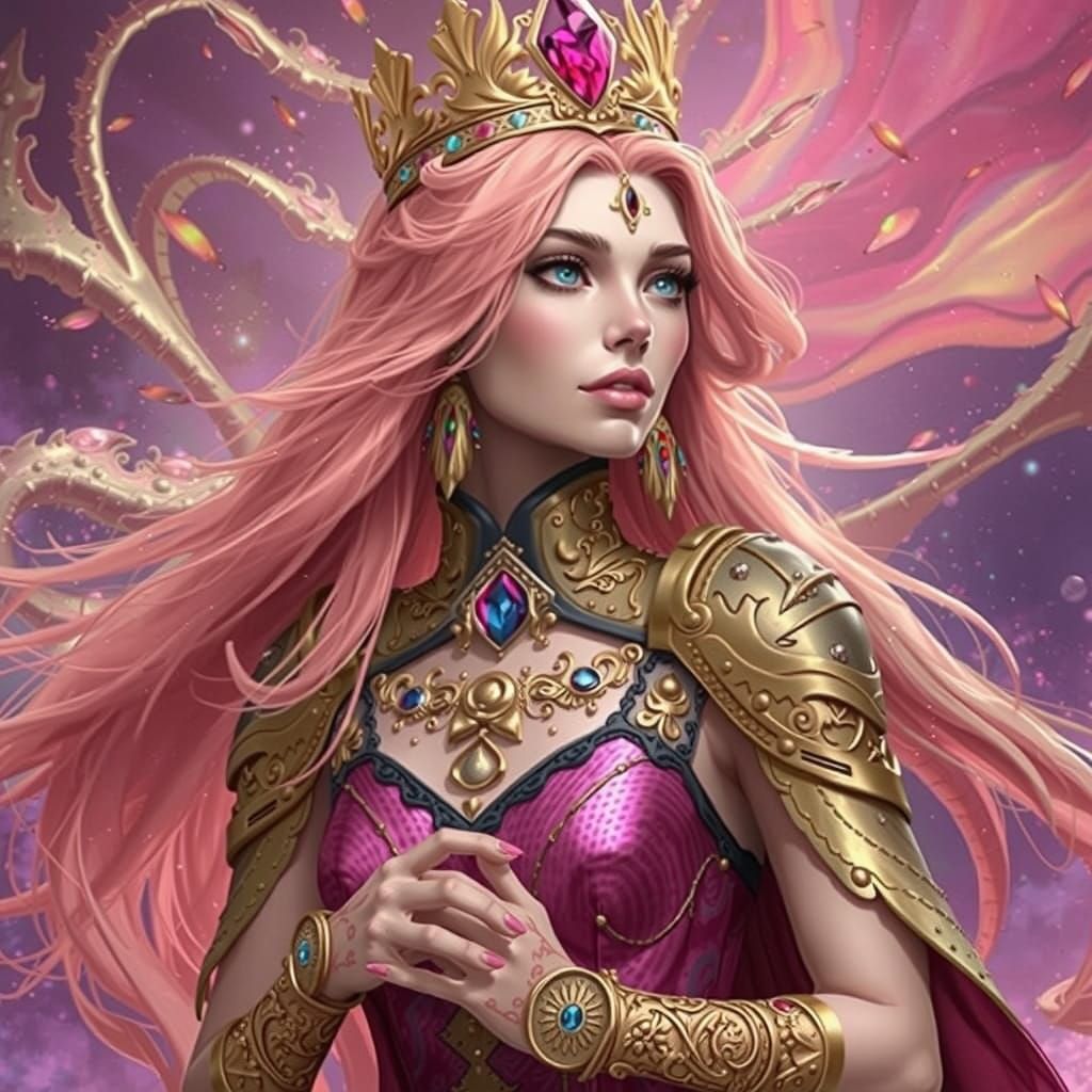 Golden Crown Ring with Pink Stone, Detailed Digital Art