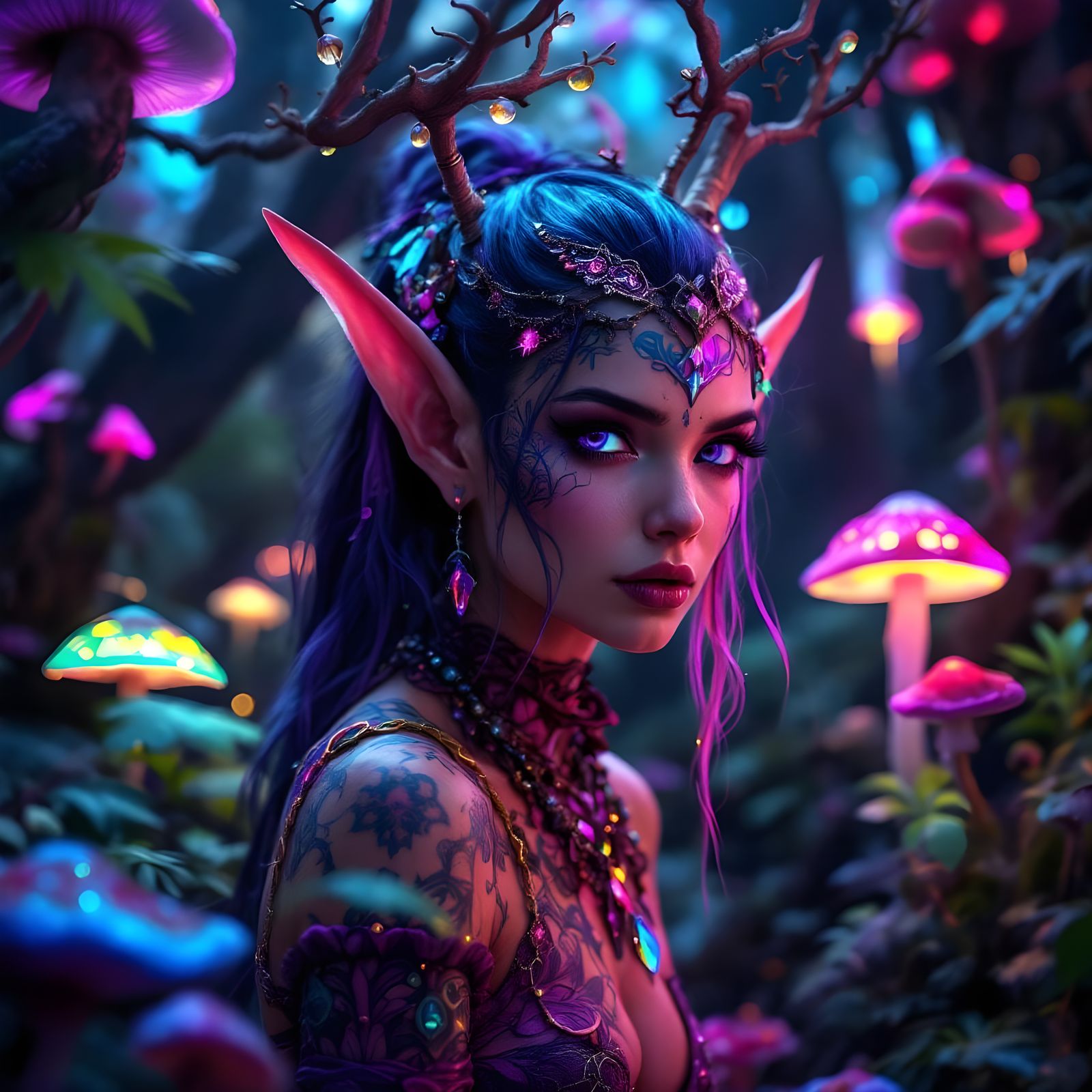 Psychedelic Forest Elf in Magical Neon Forest