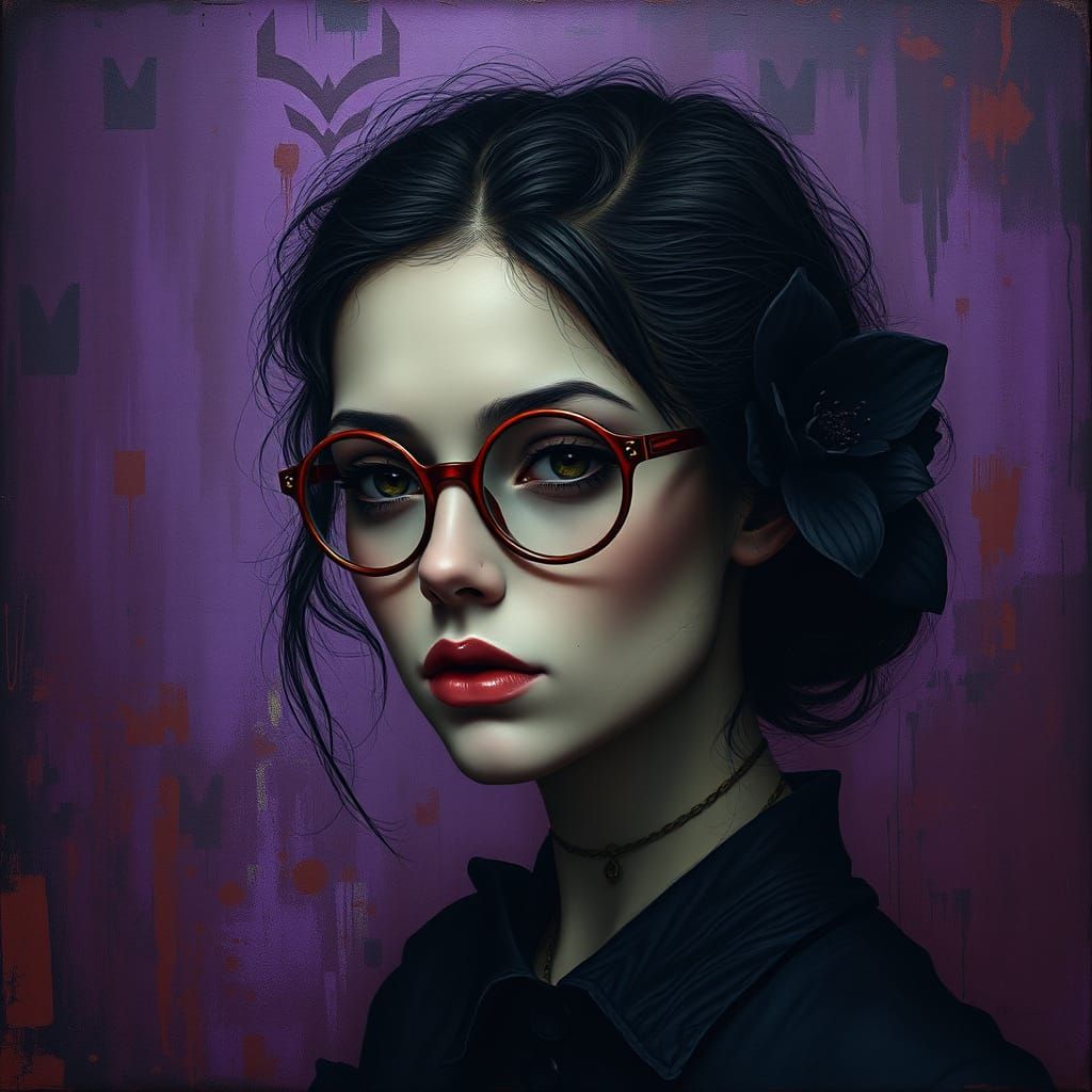 Woman in Crimson Glasses with Black Flower, in Dark Fantasy ...