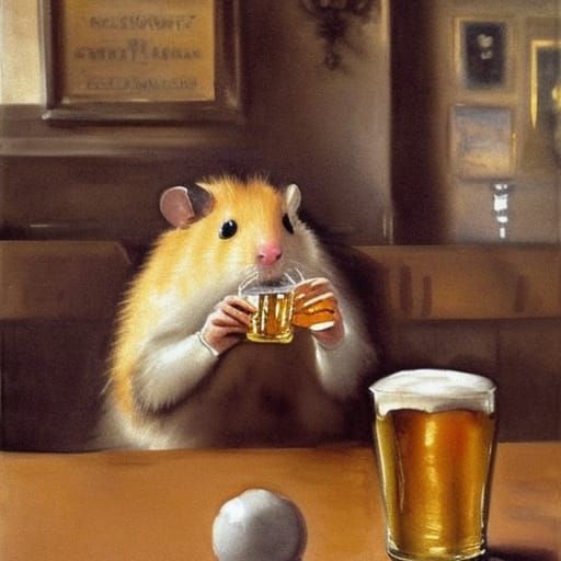 Watercolor Hamster Enjoying Beer in Amsterdam Bar