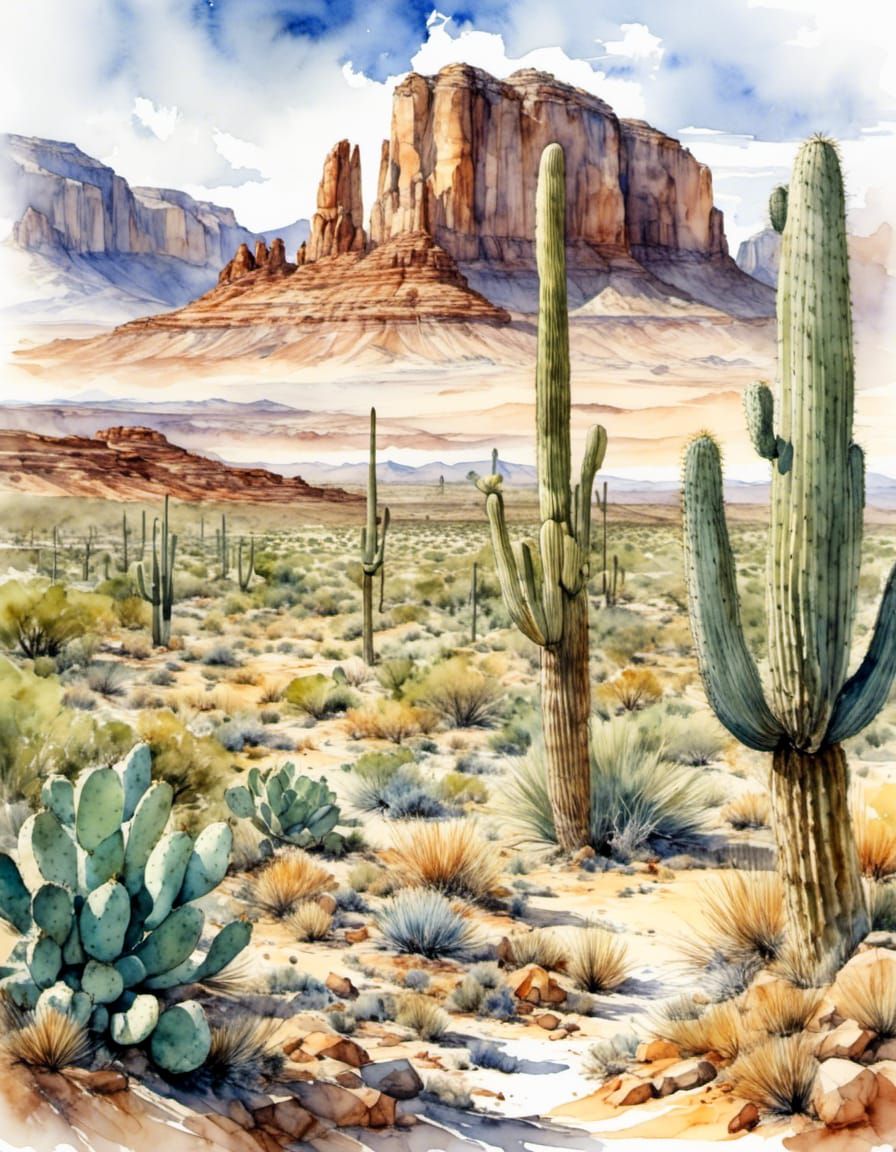 Arizona Desert Scene in Watercolor Style