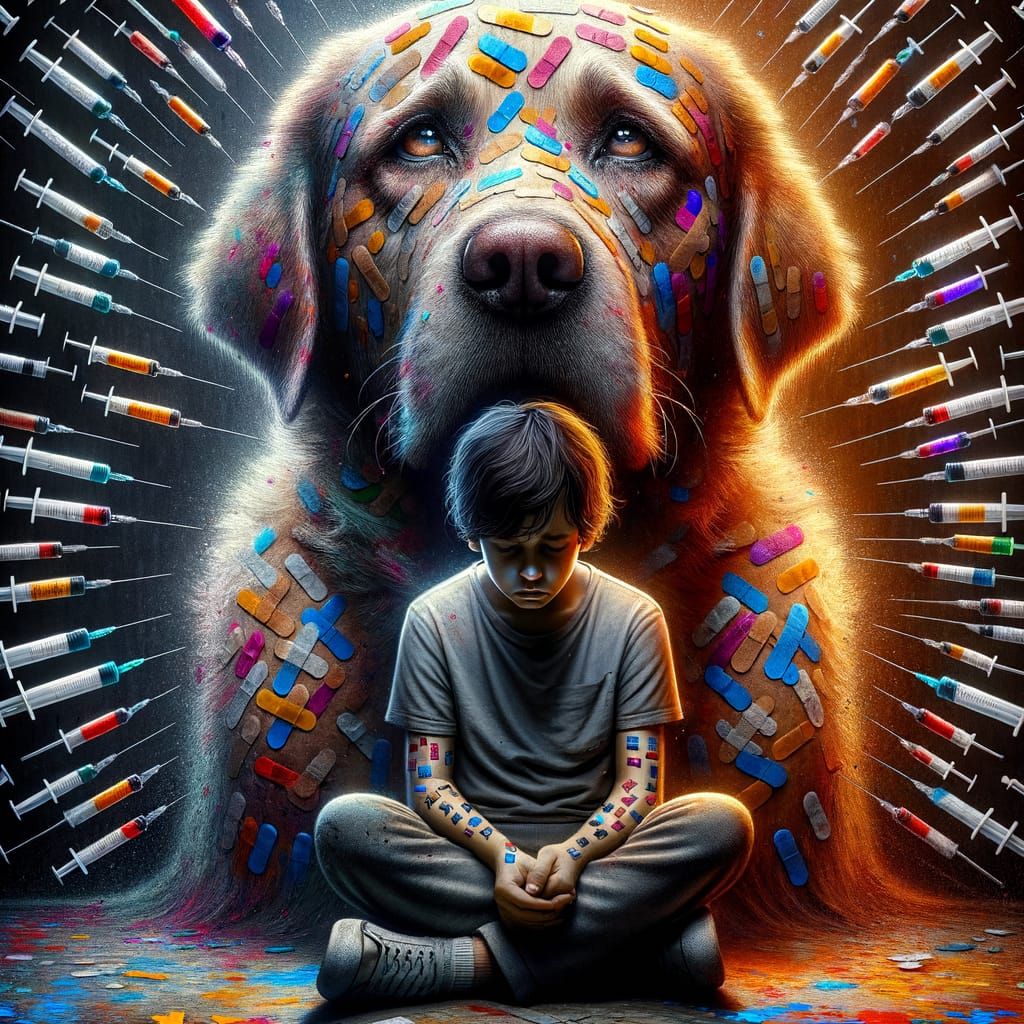 Sad Boy and Dog with Vaccine Bandaids Concept Art