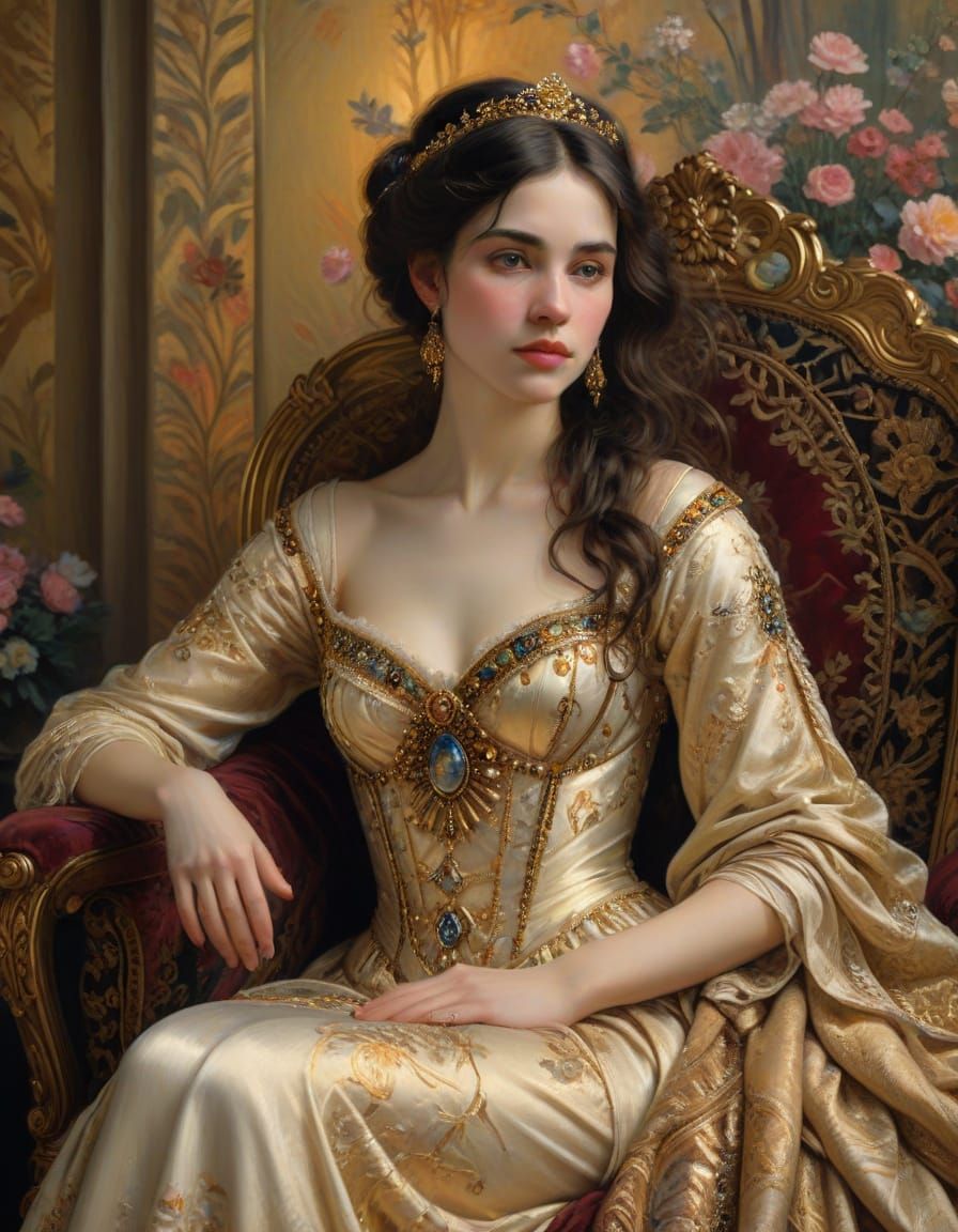 Regal Queen in Art Nouveau Opulence