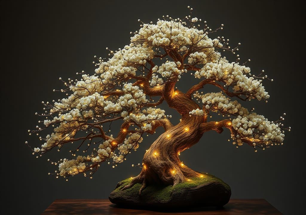 Illuminated Bonsai Tree in Hyperrealistic Style