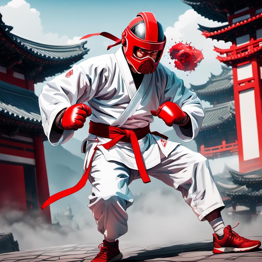 Comedic Martial Artist with a Misproportioned Head in Vibran...