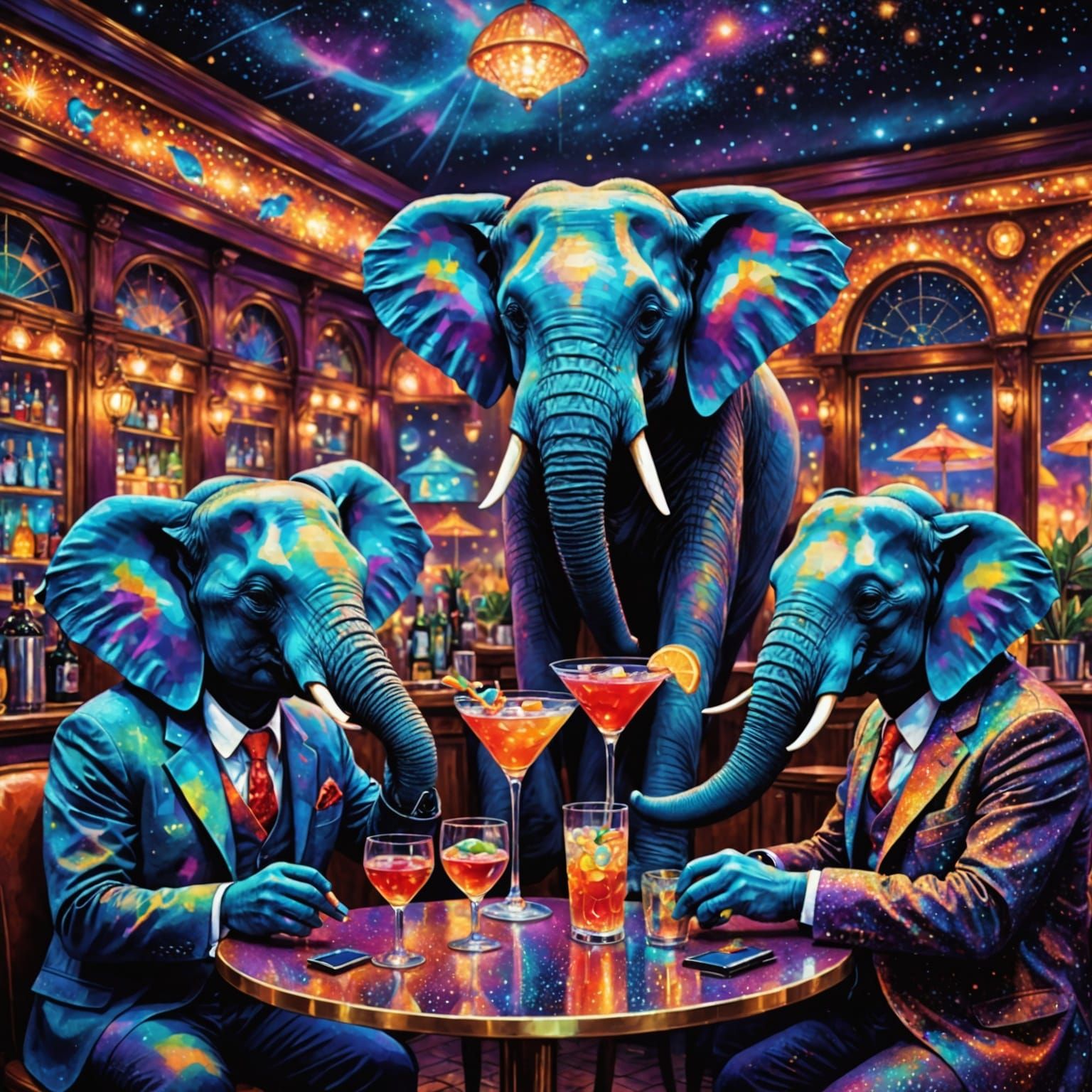 Glamorous Speakeasy Elephants Sipping Martinis in Vibrant Po...