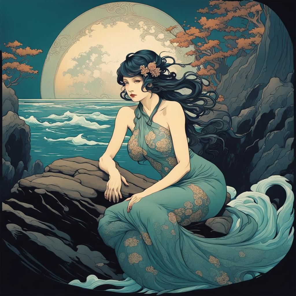 Japanese Mermaid in Alphonse Mucha Style