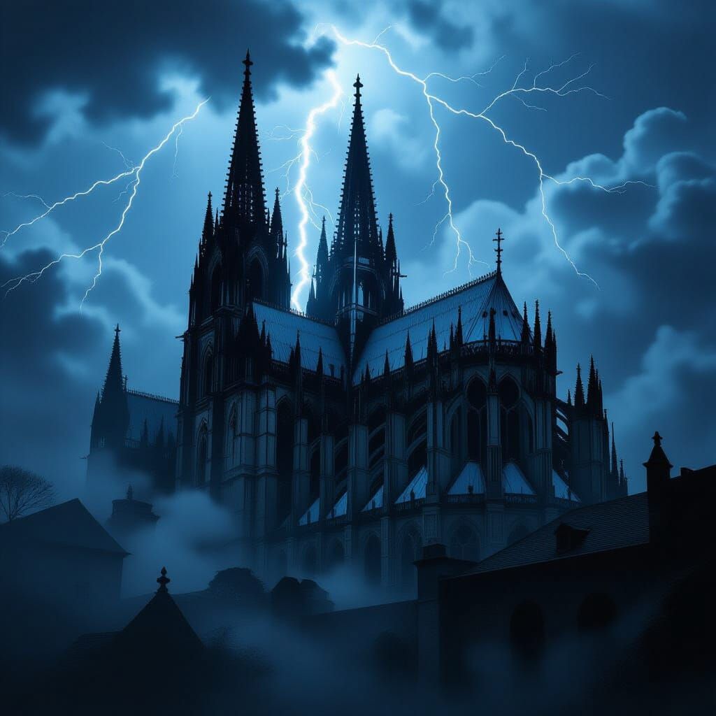 Gothic Cathedral Silhouetted Against Stormy Sky