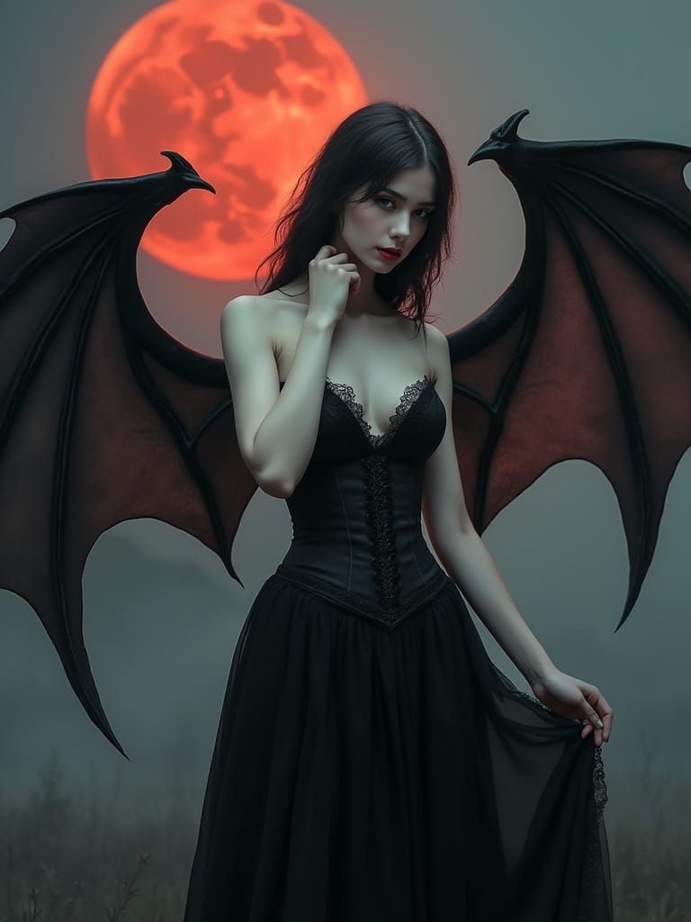 Gothic Woman with Bat Wings Under Blood Moon