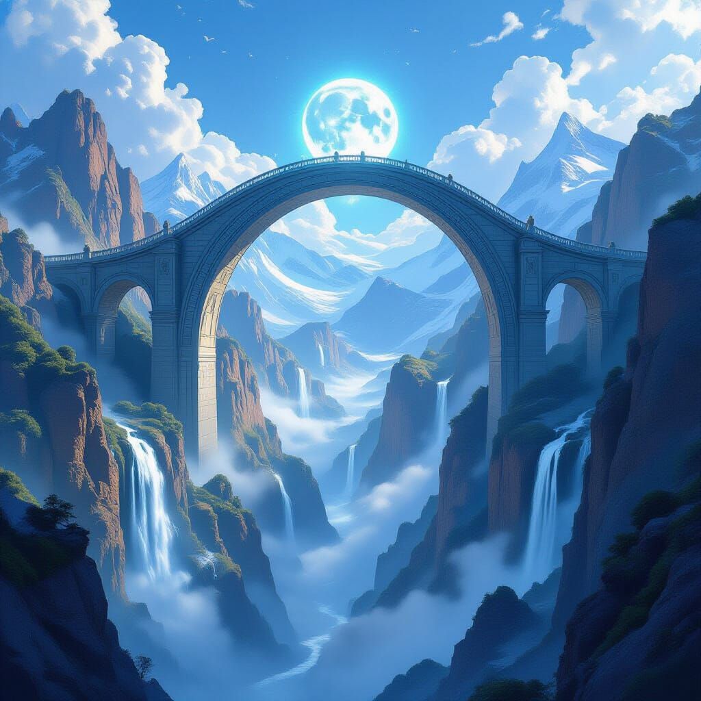 A monumental arched bridge spanning a vast canyon with waterfalls cascading from its sides