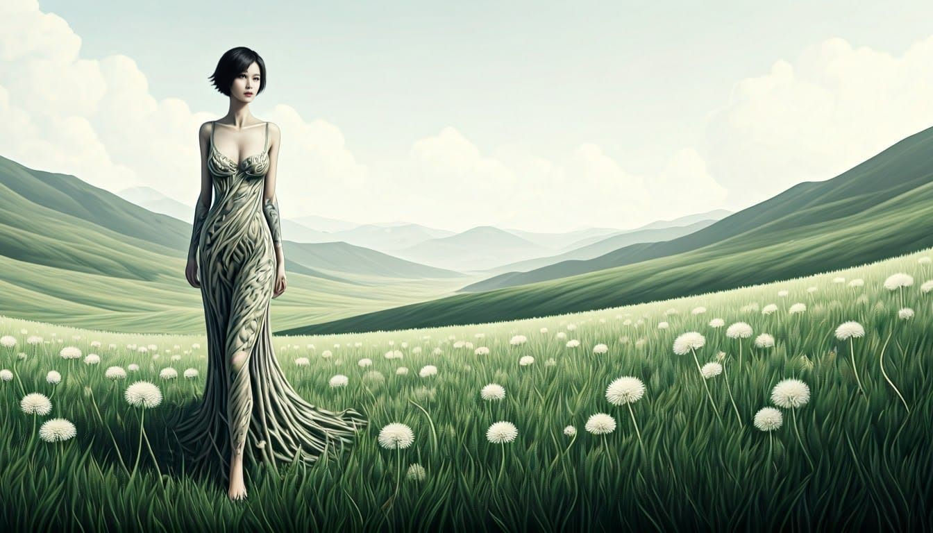 Surreal Dandelion Goddess in Soft Pencil and Charcoal Style