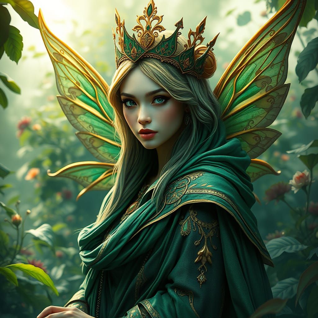 Regal Earth Fairy in Emerald Cloak, Ancient Wisdom and Mysti...
