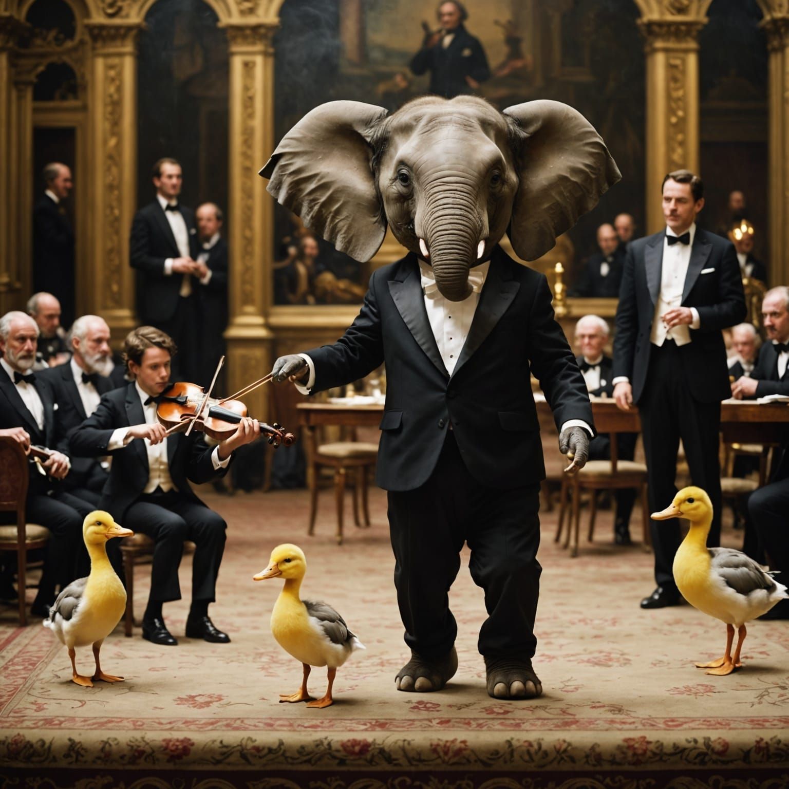 Pompous Elephant Struggles with Tiny Violin, Duckling Claps