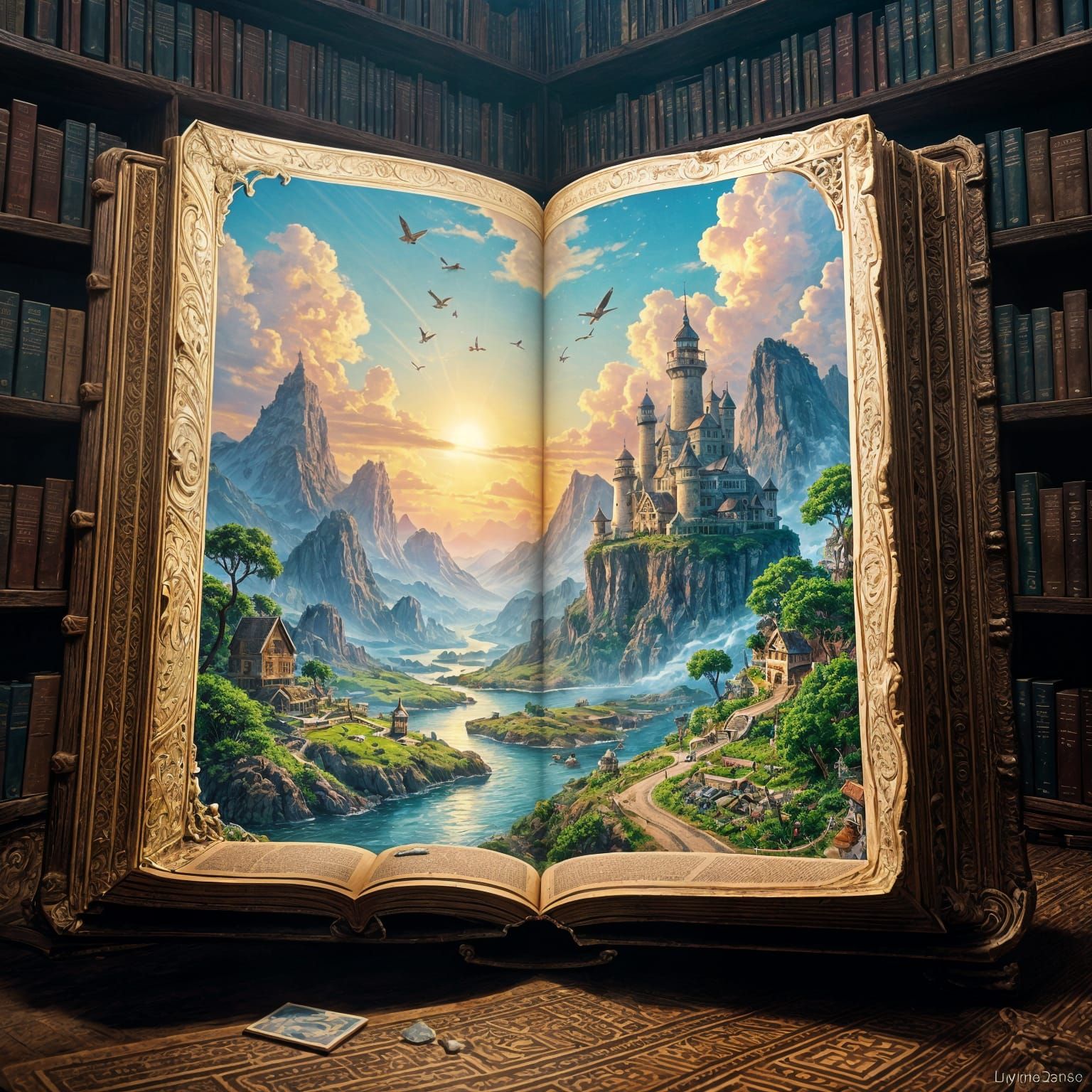 Fantastical Book with Miniature Island, Hyperrealistic Splas...