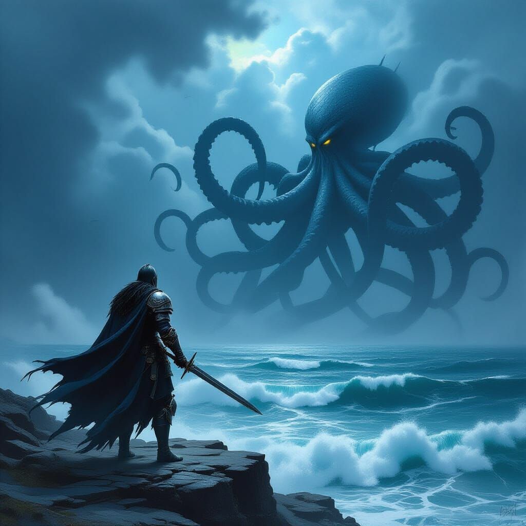 Knight Battles Kraken on Stormy Cliff in Frazetta Style