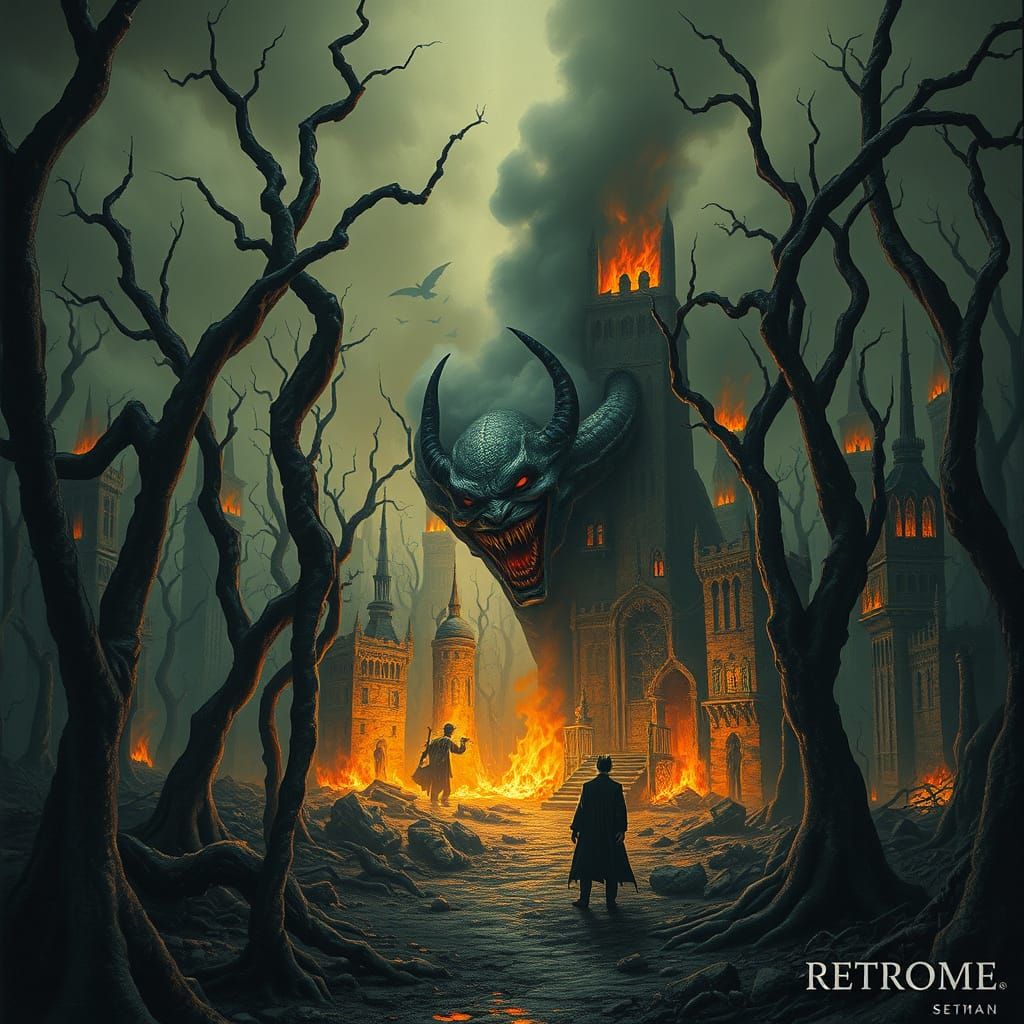 Eerie Forest with Charred Trees and Lurking Monster