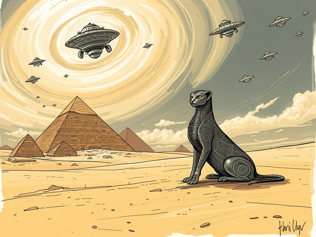 Majestic UFOs Soar Over Ancient Pyramids in Whimsical Fantas...