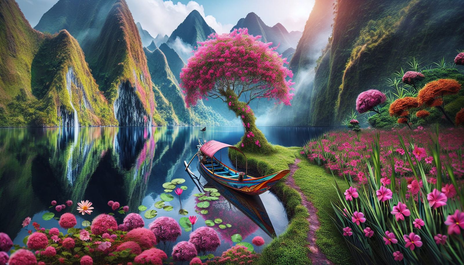 Serene Lakeside Scene with Tropical Double Exposure