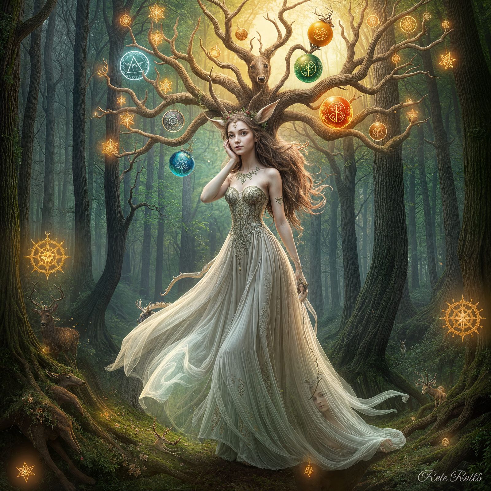 Dreamy Fantasy Deer Lady with Tree Antlers