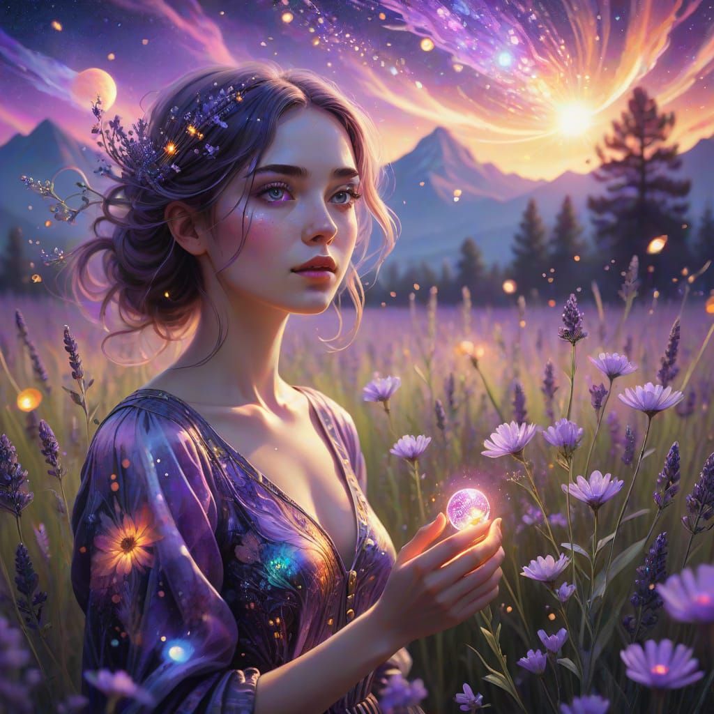 Surreal Lady in a Cosmic Garden of Whimsy