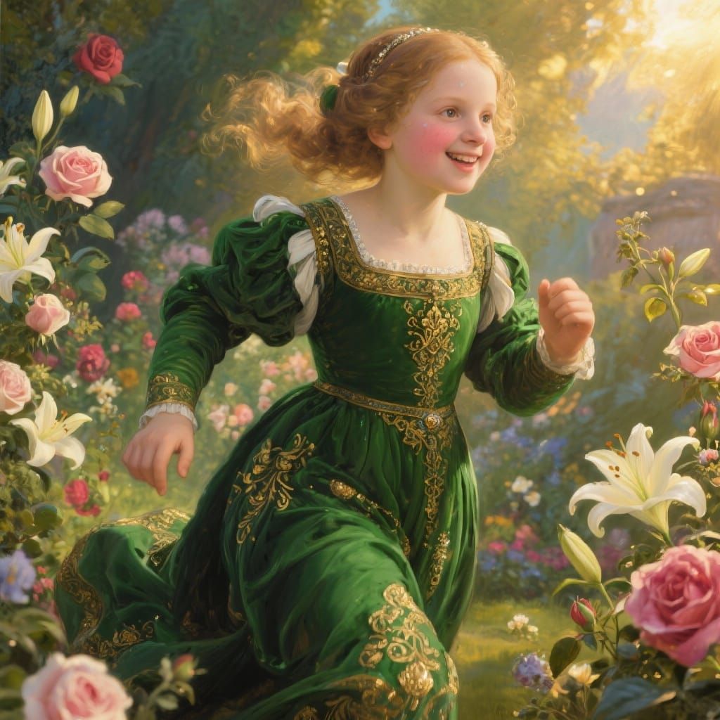 Renaissance Girl Running Through Floral Garden in Oil Painti...