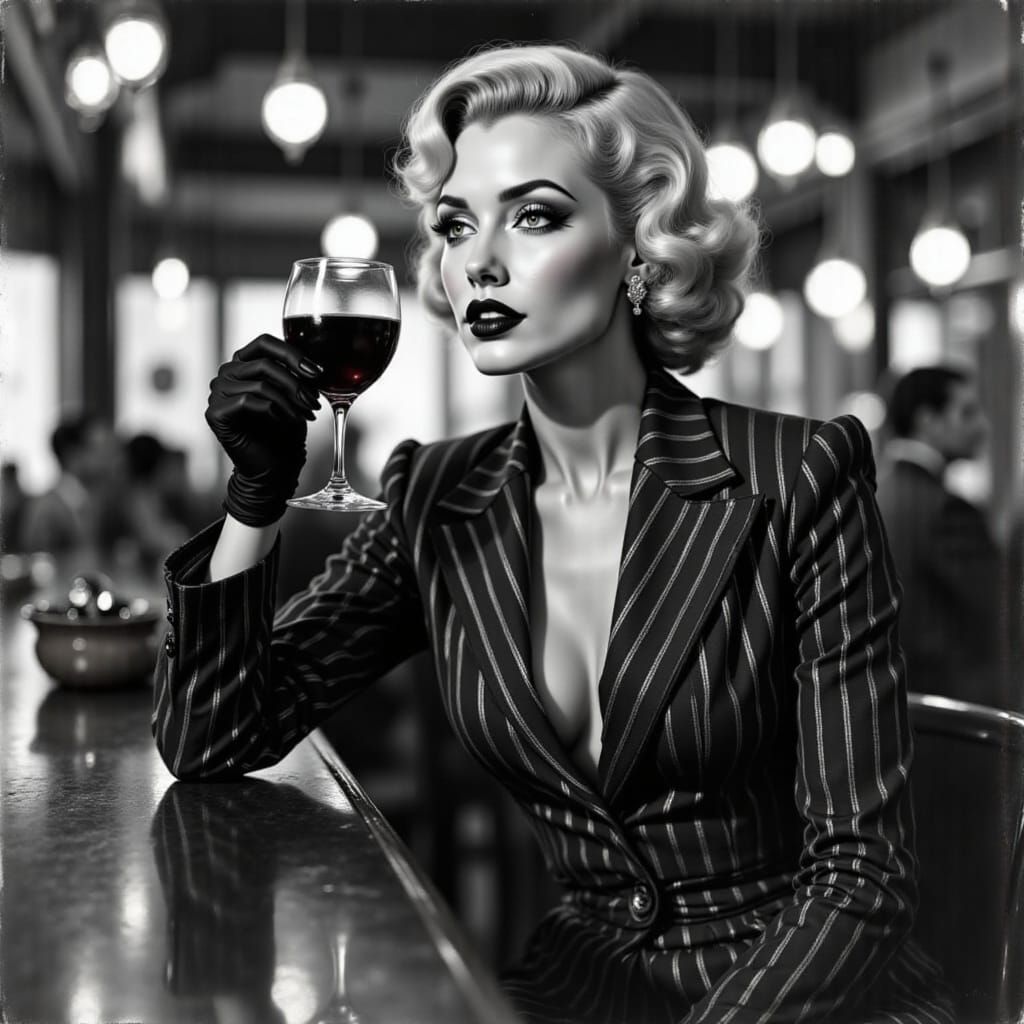 Golden Age Hollywood Glamour: Woman at Bar in Silver Dress