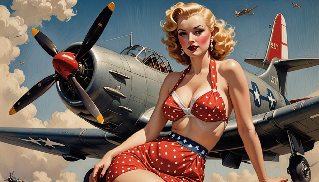 Vintage Pinup Girl Adorns WWII Warplane Nose Art in Retro St...
