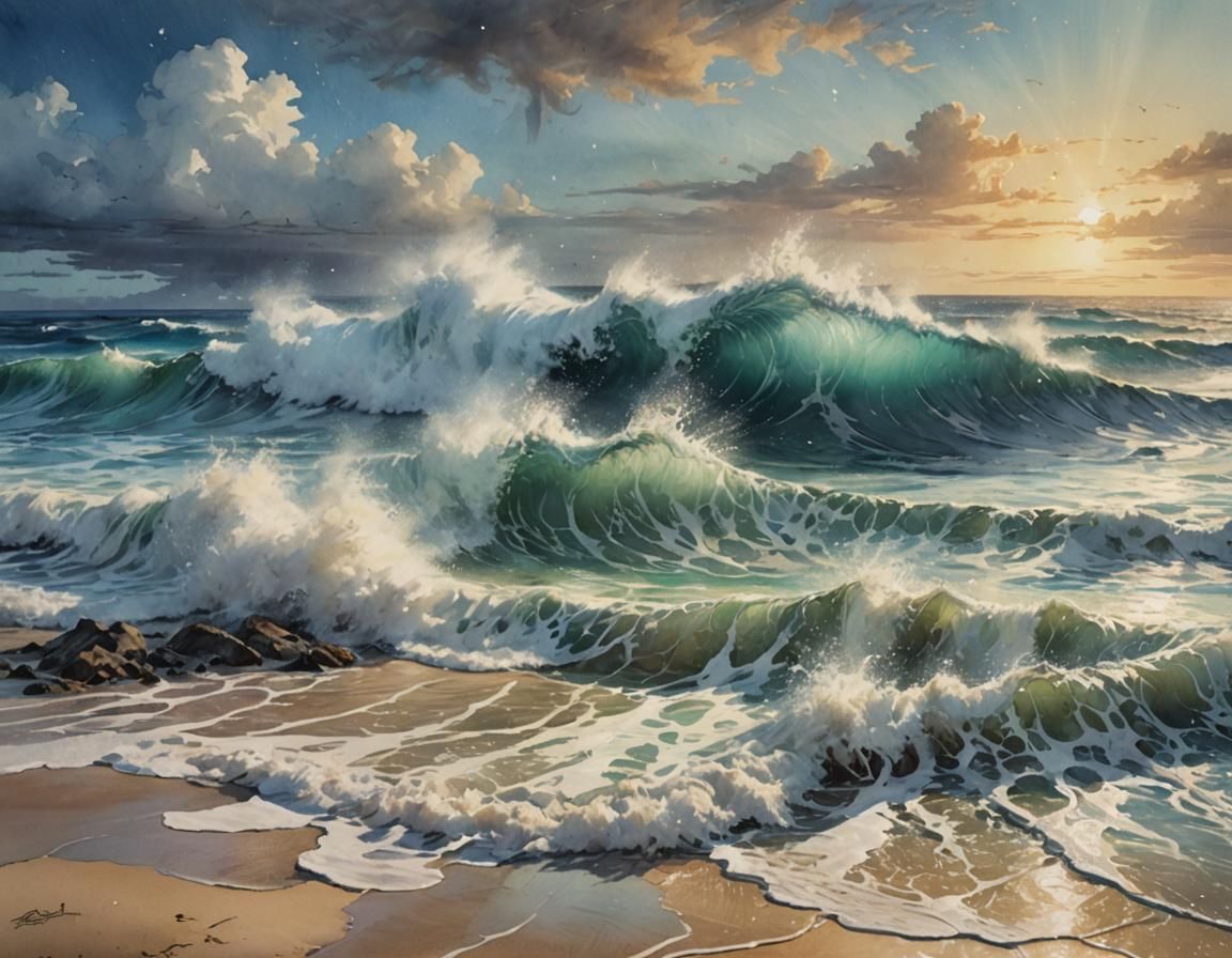 Cosmic Beach Waves in Mixed Media Style