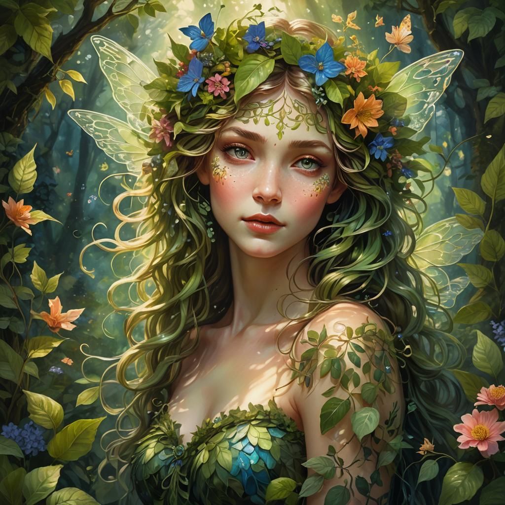 Whimsical Forest Fairy Nymph Portrait in Mythic Realism