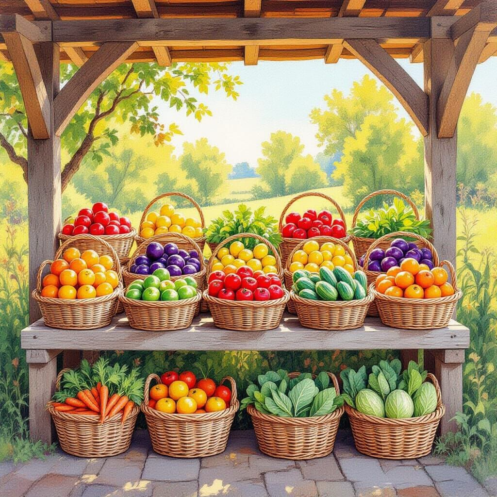 Gouache Farmstand Overflowing with Fruit and Vegetables