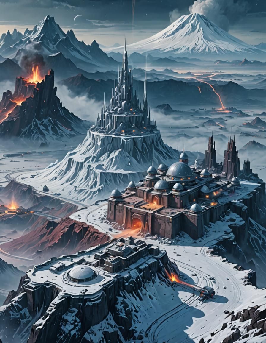 Cinematic fantasy art. silver mists around the Fortress of t...