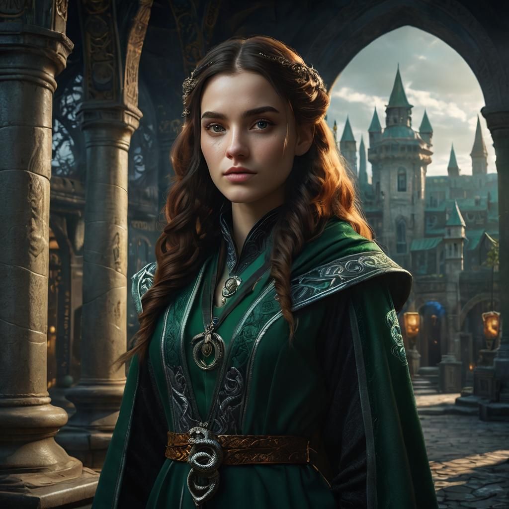 Slytherin Girl with Snake: High-Fantasy Portrait