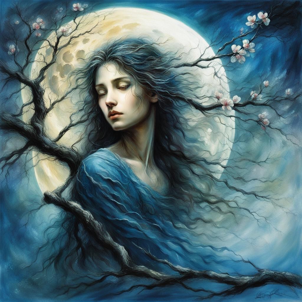 Moonlit Blossoms in Art Nouveau Style