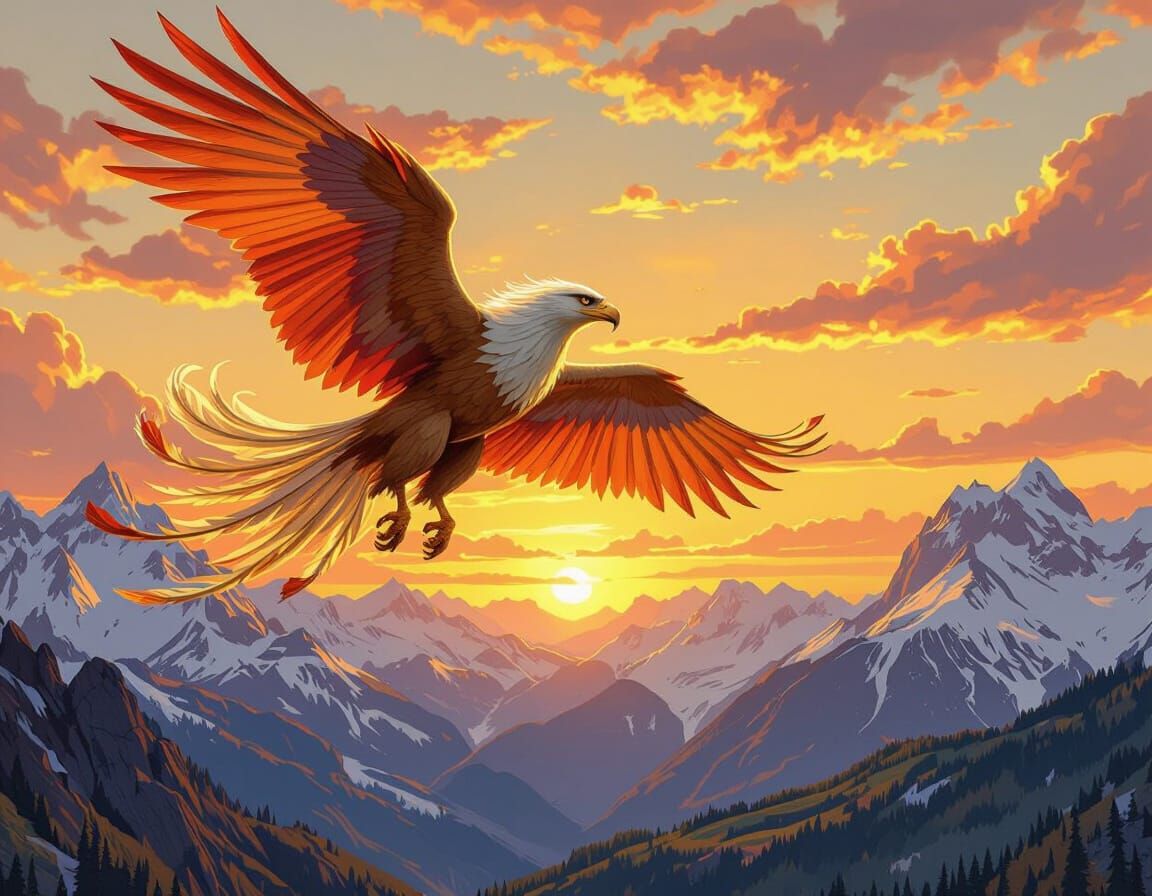 Griffin Soaring Through Sunset Sky in Art Nouveau Style