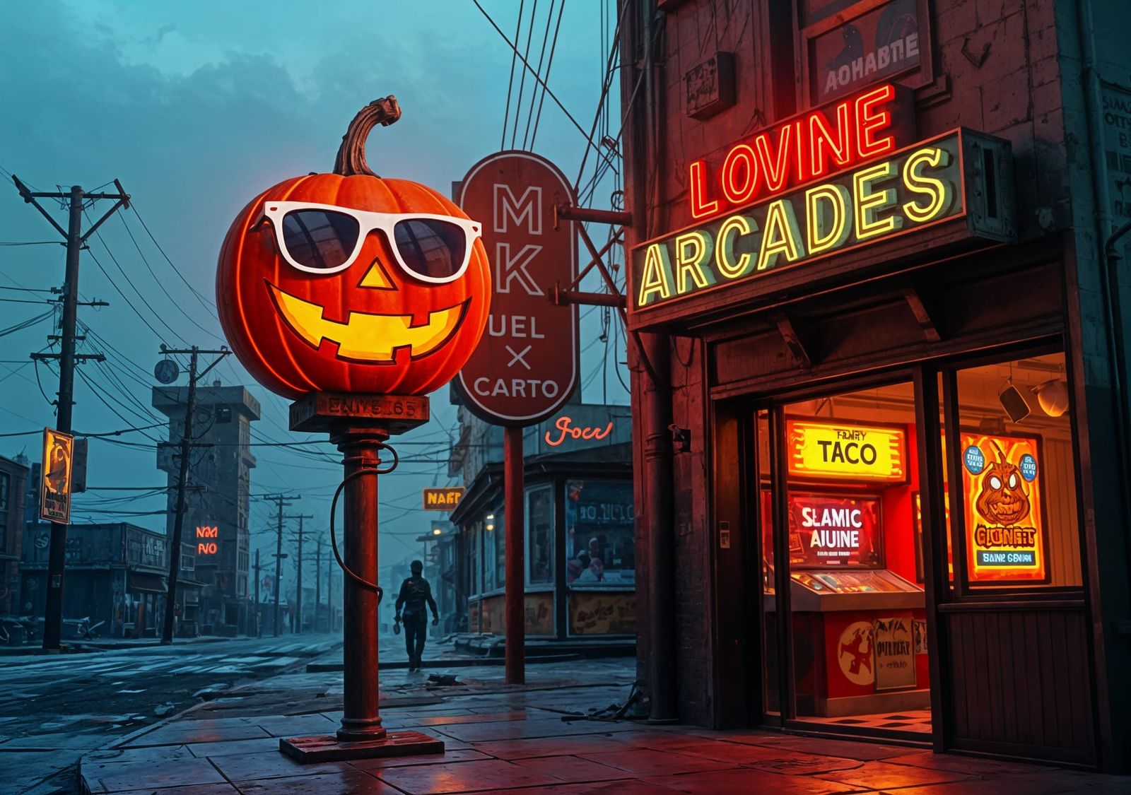 Neon Jack-O-Lantern in Post-Apocalyptic Arcade Scene