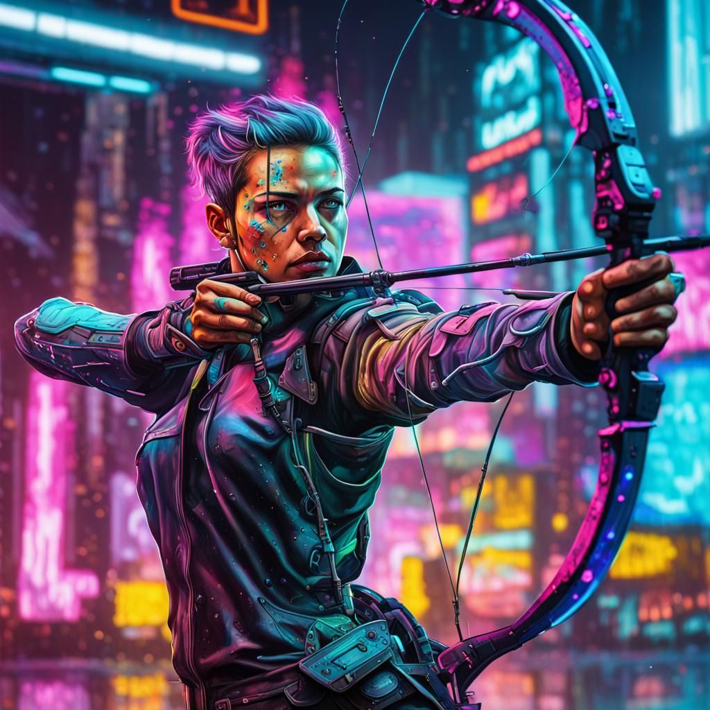 Futuristic Cyberpunk Archer in Neon Cityscape