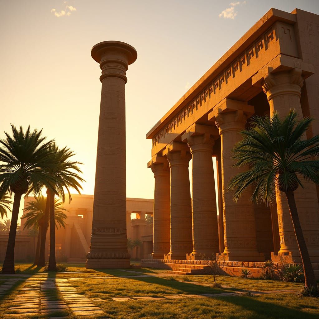 Ancient Temple at Sunset, with Intricately Carved Pillars an...