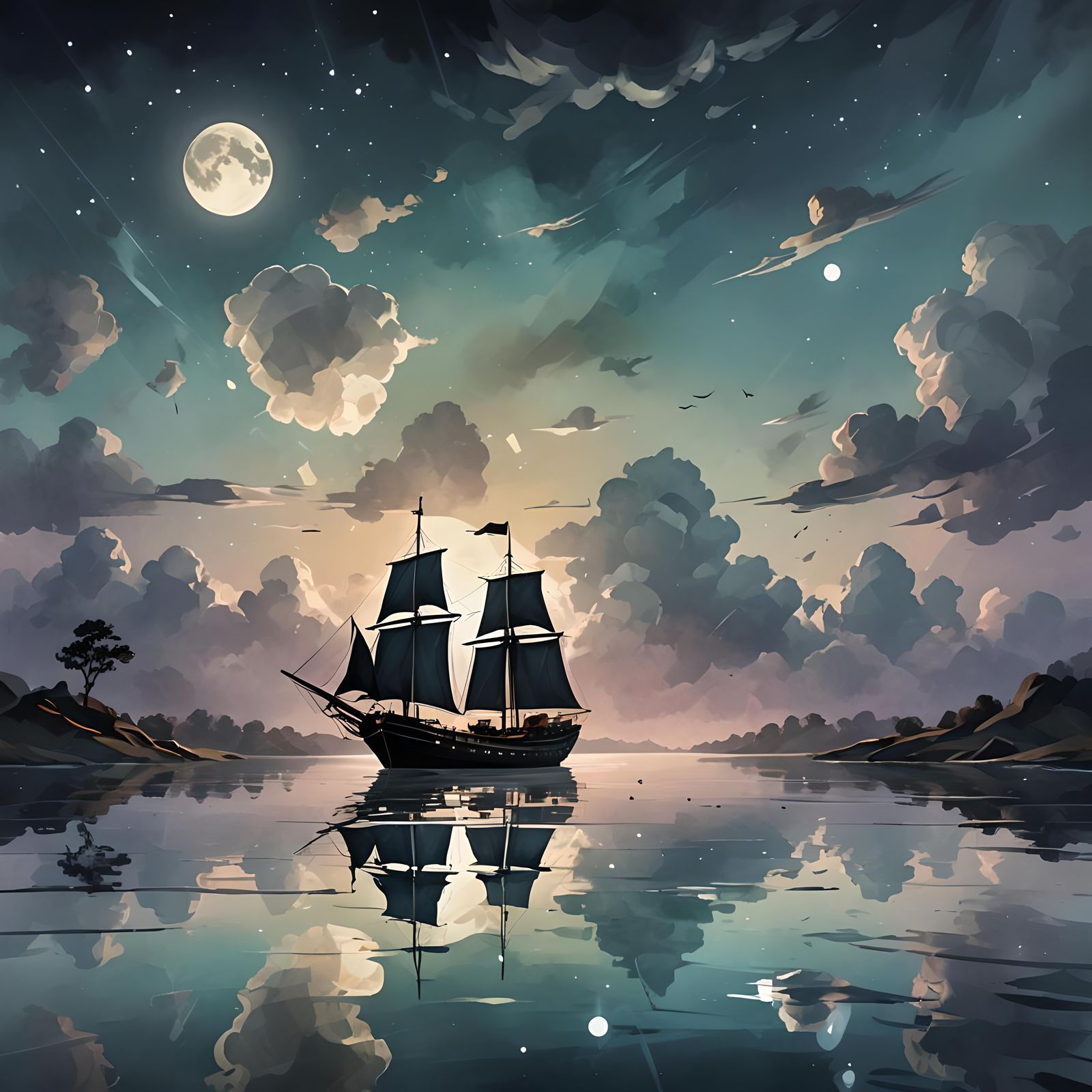 The Black Pearl on a Serene River at Night