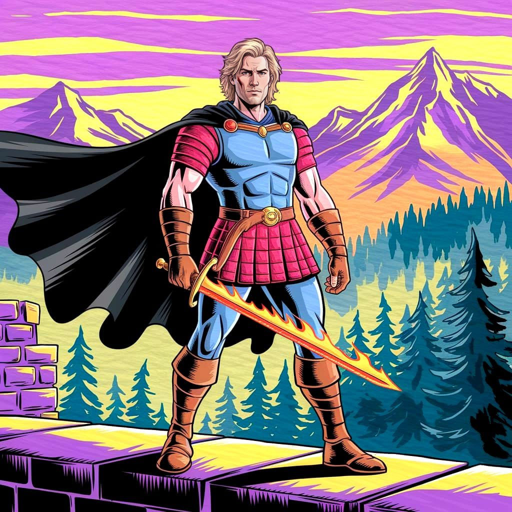 Dungeons and Dragons Fighter in Vibrant Sunset Landscape