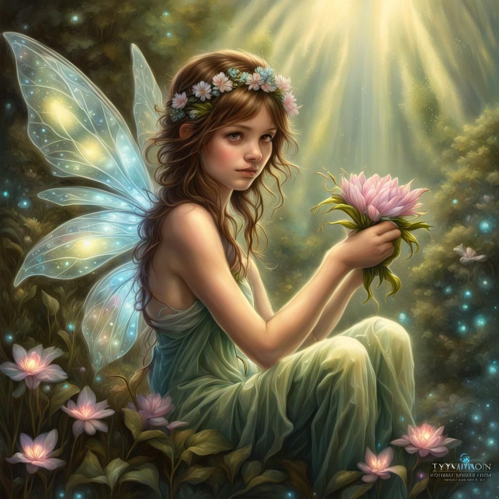 Bioluminescent Fairy with Stained Glass Wings, Digital Art