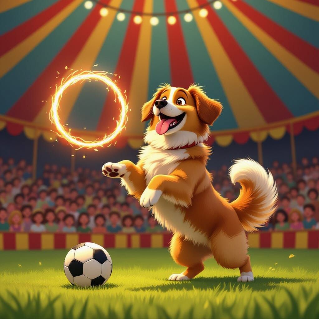 Golden Retriever Kicks Soccer Ball in Fiery Circus Ring