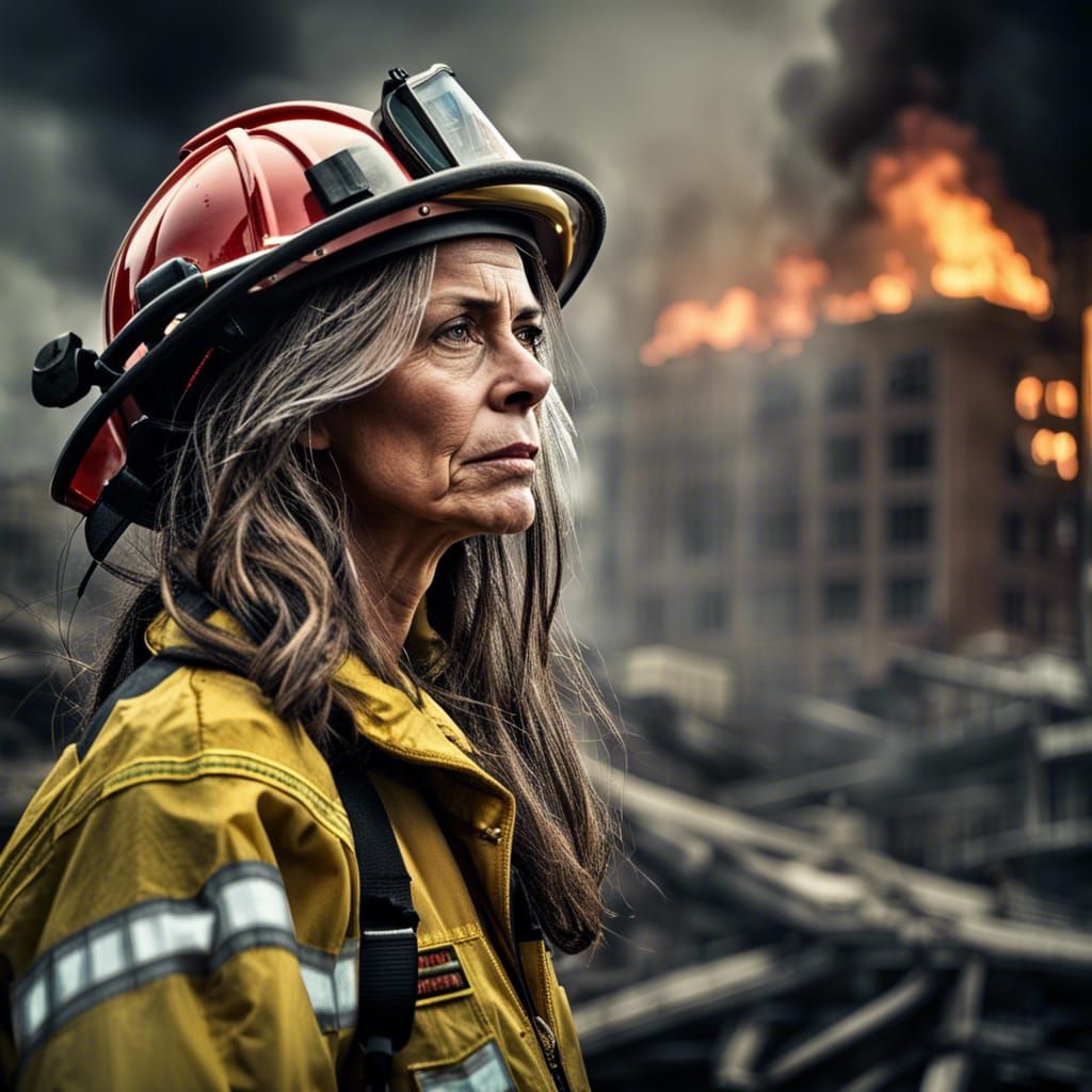 Sad Firefighter Woman in Burning City, Hyperrealistic