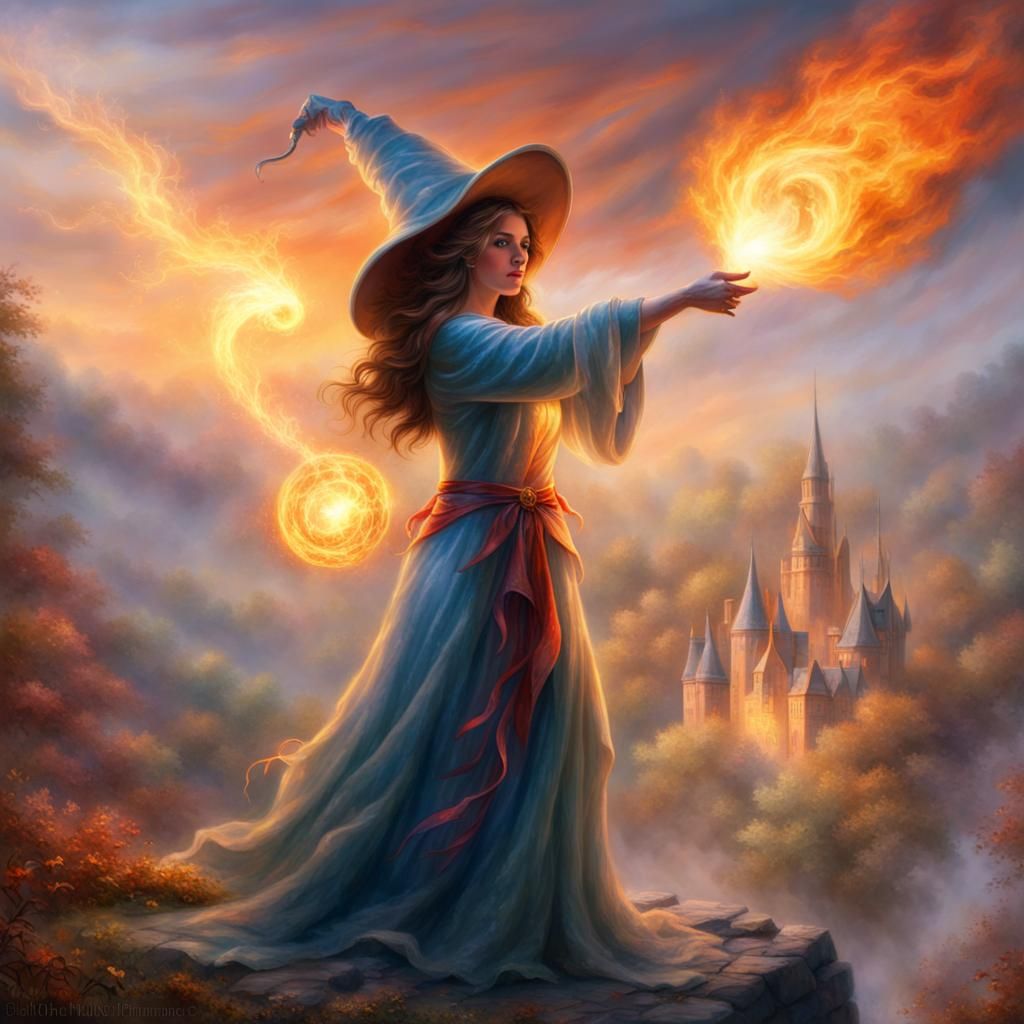Wizard Woman Conjuring Fireball in Fantasy Landscape