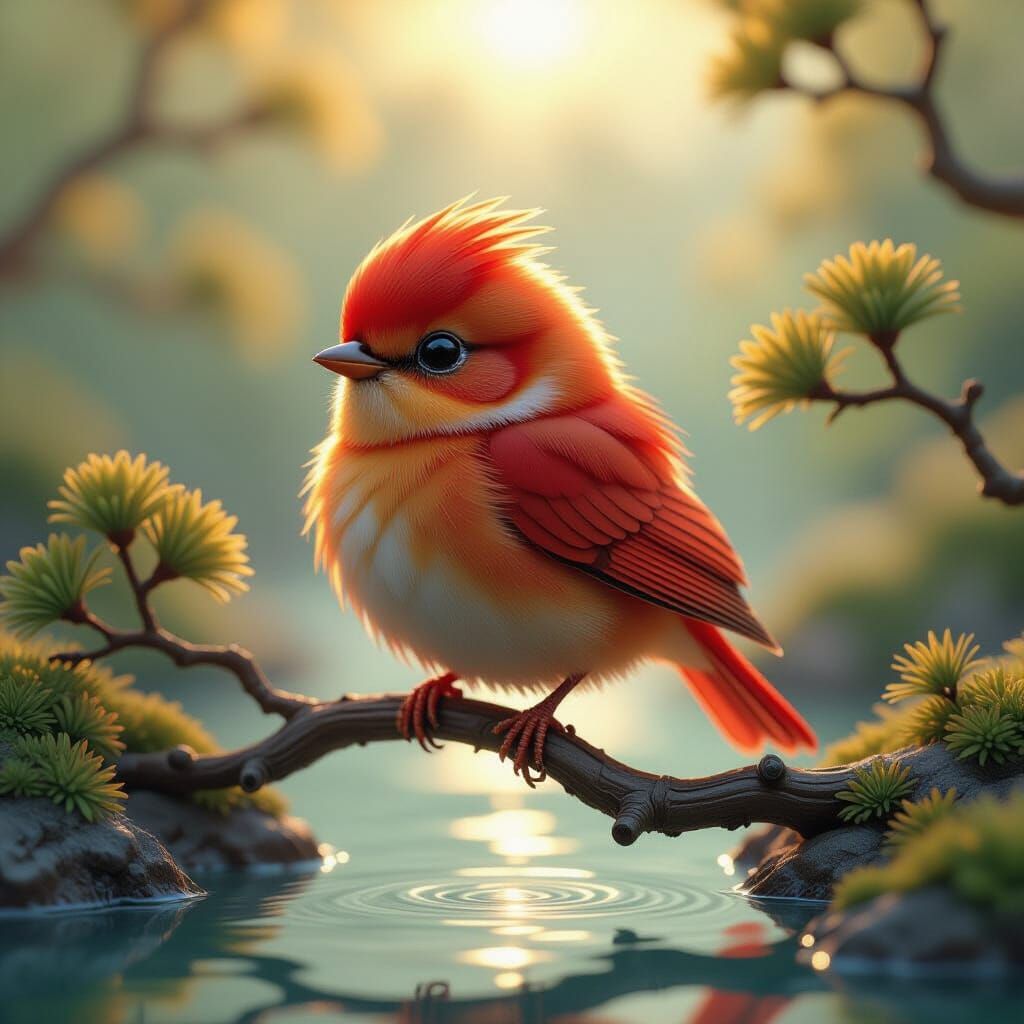 Fire Red Bird on Bonsai Branch, Abstract 3D Render
