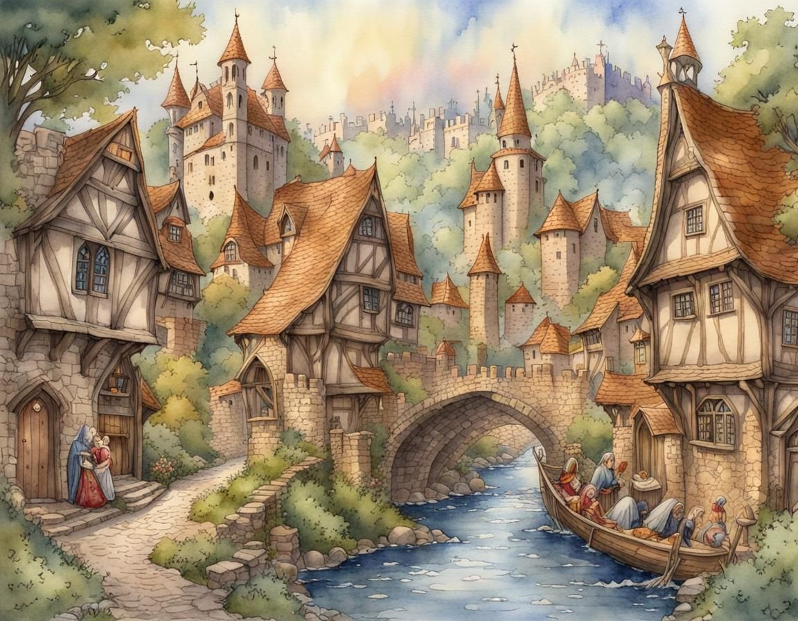 Enchanting Medieval Town Watercolor Splash Screen Art