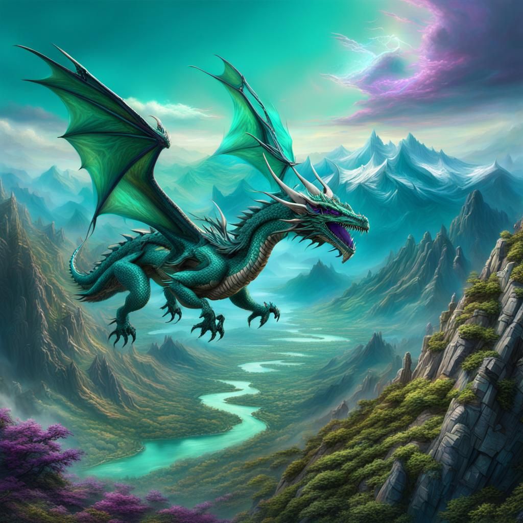 Iridescent Dragon in Flight Over Mountain Scenery